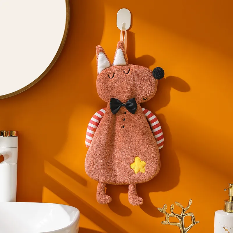 Cute Animal Thick Coral Fleece Hanging Hand Towel – Super Absorbent Quick-Dry Bathroom & Kitchen Washcloth, Soft Fluffy Terry Cloth Towel with Loop, Home Use Square Towel for Daily Drying